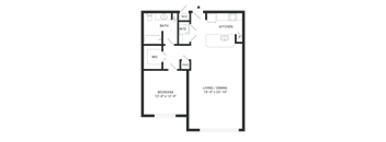 A floor plan of a small apartment with a bedroom, living/dining area, kitchen, and bathroom.