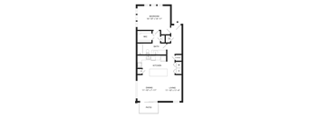 A floor plan of a house with a bedroom, bathroom, kitchen, dining area, living room, and patio.