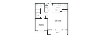 A floor plan of a house with a living room, dining room, kitchen, bedroom, bathroom, and patio.