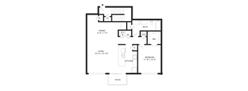 A floor plan of a house with a living room, dining room, kitchen, bedroom, bathroom, and patio.