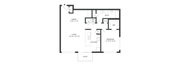 A floor plan of a house with a living room, dining room, kitchen, bedroom, bathroom, and storage area.
