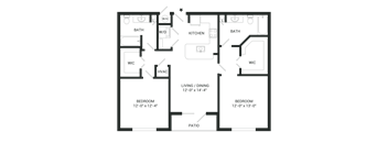 A floor plan of a house with two bedrooms, a living/dining area, kitchen, two bathrooms, and a patio.