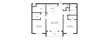 A floor plan of a house with two bedrooms, a living/dining area, a kitchen, two bathrooms, and a patio.