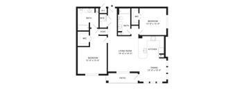 A floor plan of a house with two bedrooms, a living room, a kitchen, a dining room, a bathroom, and a patio.