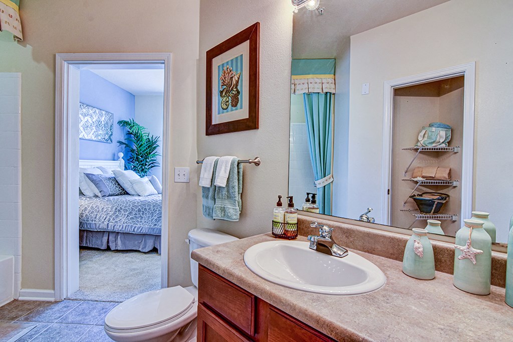A bathroom with a toilet, sink, and mirror.