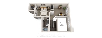 A 3D floor plan of a house with a bedroom, living room, and kitchen.