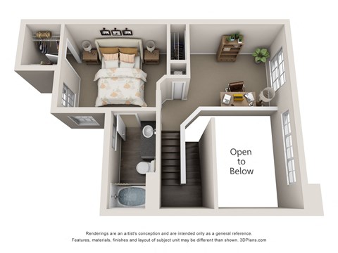 A 3D floor plan of a house with a bedroom, living room, and kitchen.