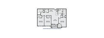 A black and white image of a floor plan for a house with a dining area, three bedrooms, a kitchen, a bathroom, a living room, a closet, and a patio/balcony.