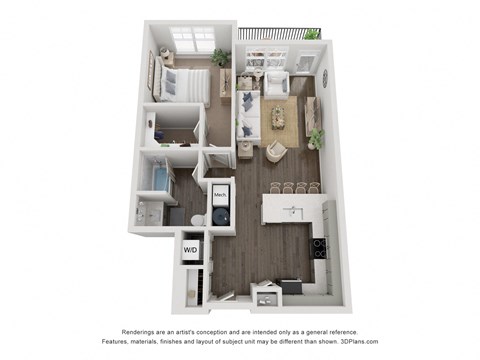 a stylized floor plan with a bedroom and a living room