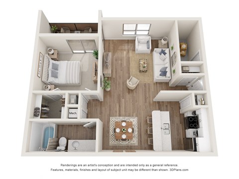 a 3d floor plan of a home with a bedroom and living room