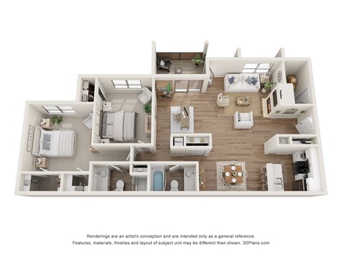 a stylized floor plan with a bedroom and living room