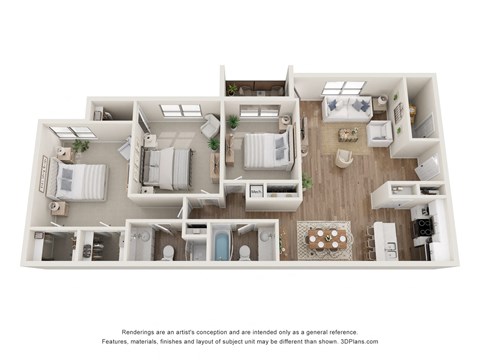 a stylized floor plan of a 3 bedroom apartment