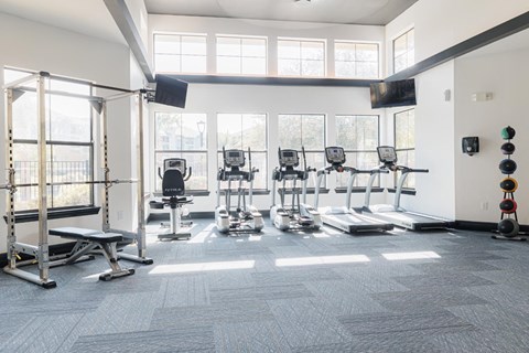 a gym with cardio equipment and windows in a building