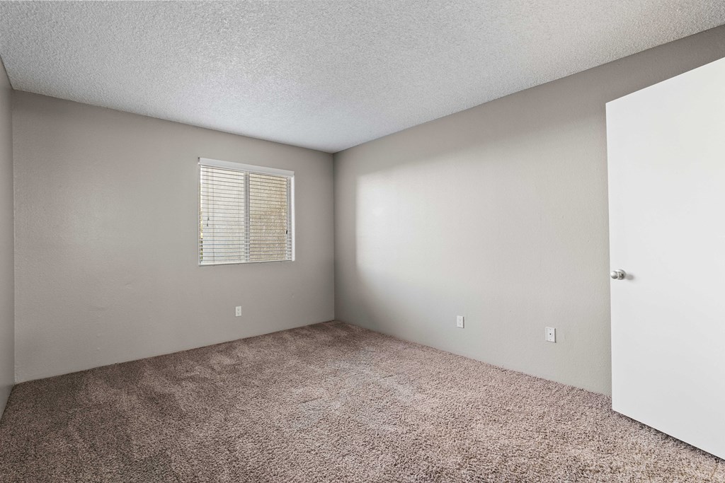 A room with a carpeted floor and a window with blinds.