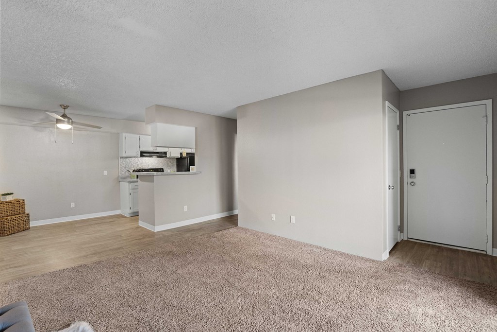 A room with a carpeted floor and a ceiling fan.