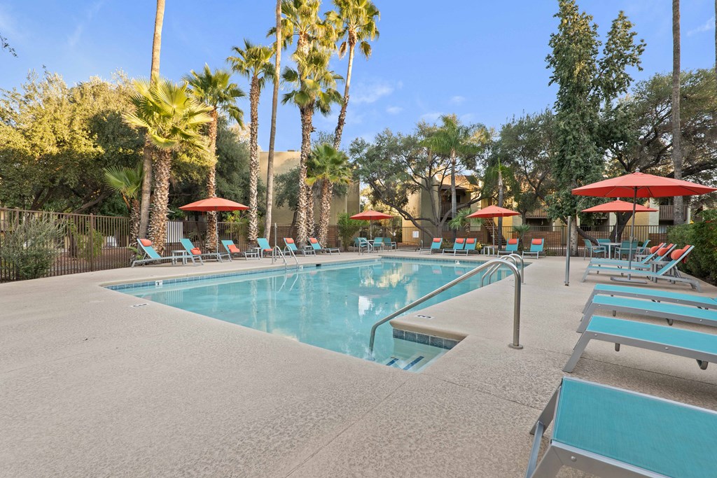 A pool surrounded by palm trees and lounge chairs.
