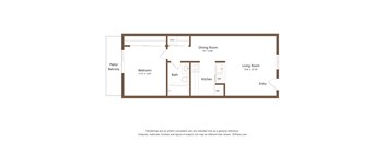 A floor plan of a house with a living room, dining room, kitchen and bathroom.
