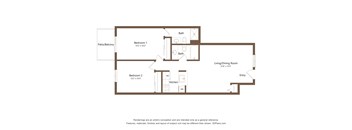 A floor plan of a small apartment with two bedrooms, a living/dining room, and a kitchen.
