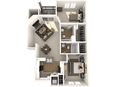 A 3D floor plan of a house showing a kitchen, living room, and two bedrooms.
