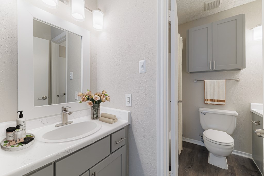 A bathroom with a white sink and toilet.