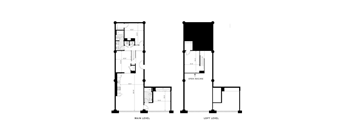 A black and white image of a floor plan for a two-level building with an open railing on the second floor.
