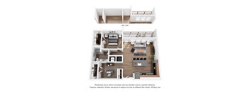 a stylized 3d floor plan with a bedroom and a living room