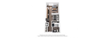 a stylized floor plan with a bedroom and a living room