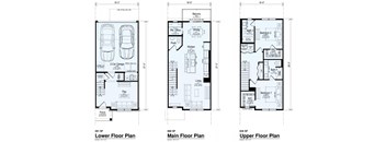 Three floor plans for a house with a garage, main floor, and upper floor.