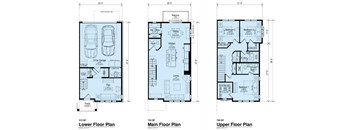 Three floor plans for a house with a garage, living room, and bedrooms.