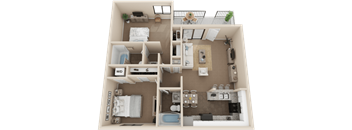 A detailed 3D floor plan of a small apartment layout.