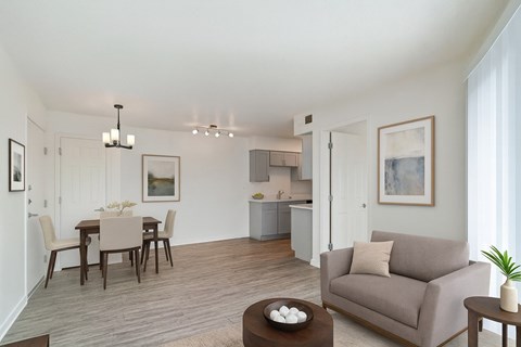 A living room with a grey couch, a brown coffee table, and a dining table with chairs.