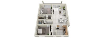 A top down view of a house layout with a kitchen, living room, dining room, and two bedrooms.
