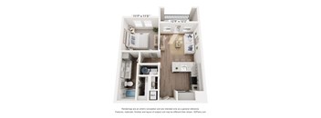 A 3D floor plan of a small apartment with a kitchen, living room, and bathroom.