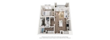 A 3D floor plan of a small apartment with a kitchen, living room, and bedroom.