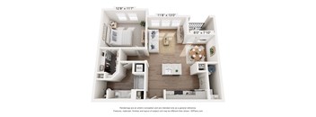 A 3D floor plan of a small apartment with a kitchen, living room, and bedroom.