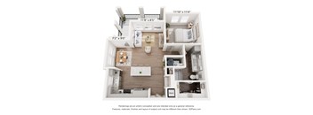 A floor plan of a small apartment with a kitchen, living room, and two bedrooms.