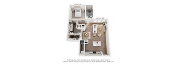 A 3D floor plan of a small apartment with a kitchen, living room, and two bedrooms.