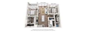 A floor plan of a two-bedroom apartment with a living room, kitchen, and bathroom.