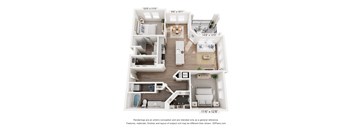 A 3D floor plan of a small apartment with a kitchen, living room, and bedroom.