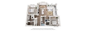 A 3D floor plan of a two-bedroom apartment with a living room, kitchen, and bathroom.