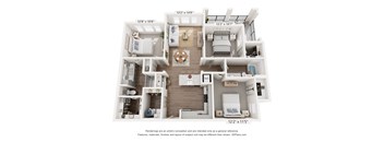 A 3D floor plan of a two-bedroom apartment.