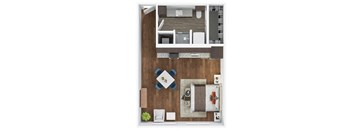 A top-down view of a small apartment layout with a kitchen, living room, and bathroom.