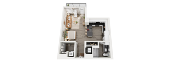 A top-down view of a modern apartment layout with a living room, kitchen, and bathroom.