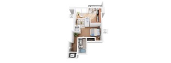 A floor plan of a small apartment with a kitchen, living room, and bathroom.