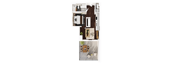 A top-down view of a small apartment with a kitchen, living room, and bathroom.
