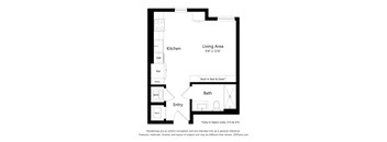 A floor plan of a house with a kitchen, living area, bath, and entry.