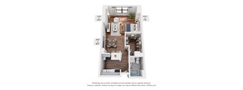 A 3D floor plan of a small apartment with a kitchen, living room, and bathroom.