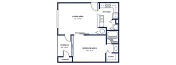 a floor plan of a house with a bedroom and a living area and a kitchen