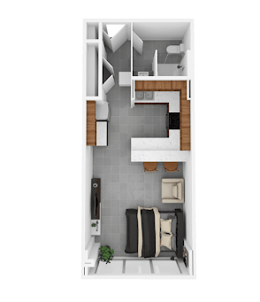 a floor plan of a small apartment with a gray tiled wall