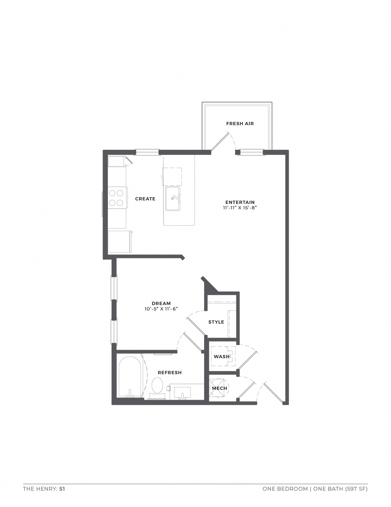 A floor plan of a one bedroom apartment with a bath.